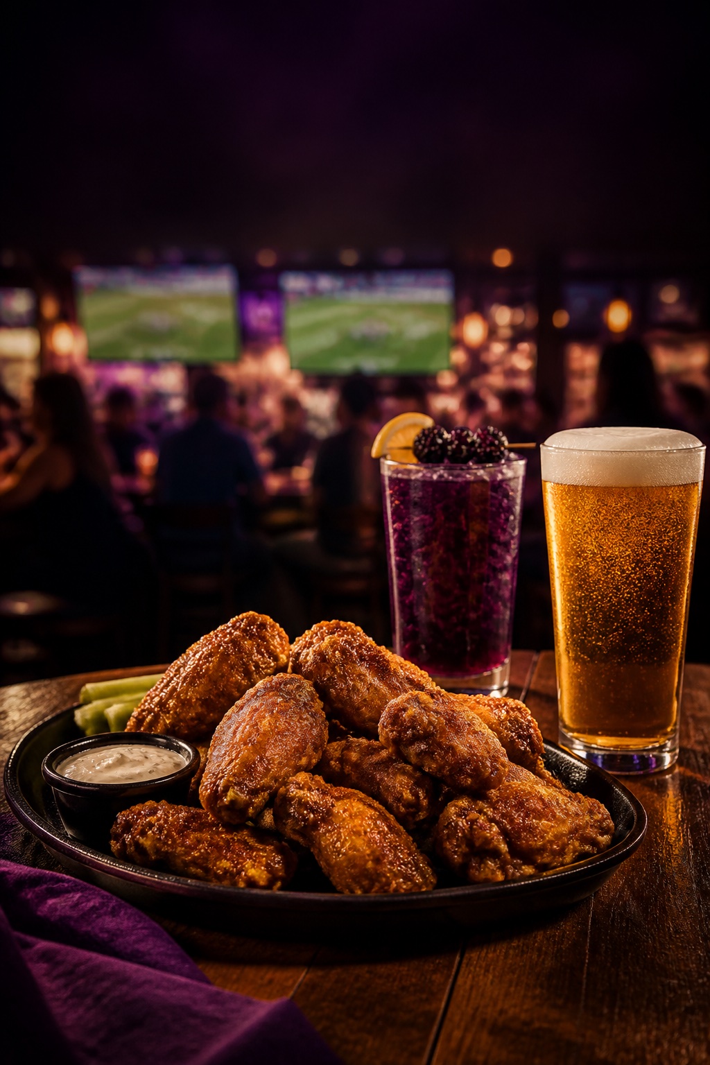 Wings, beer, and a purple cocktail in a lively sports bar