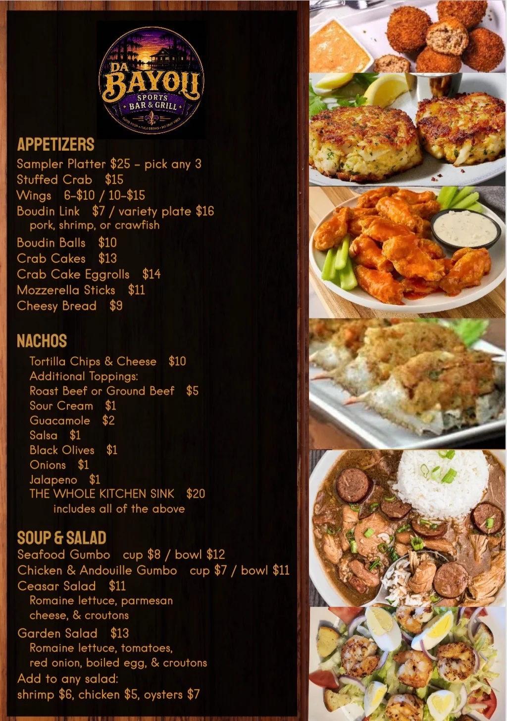 Da Bayou menu board listing appetizers, nachos, soups, and salads with food photos