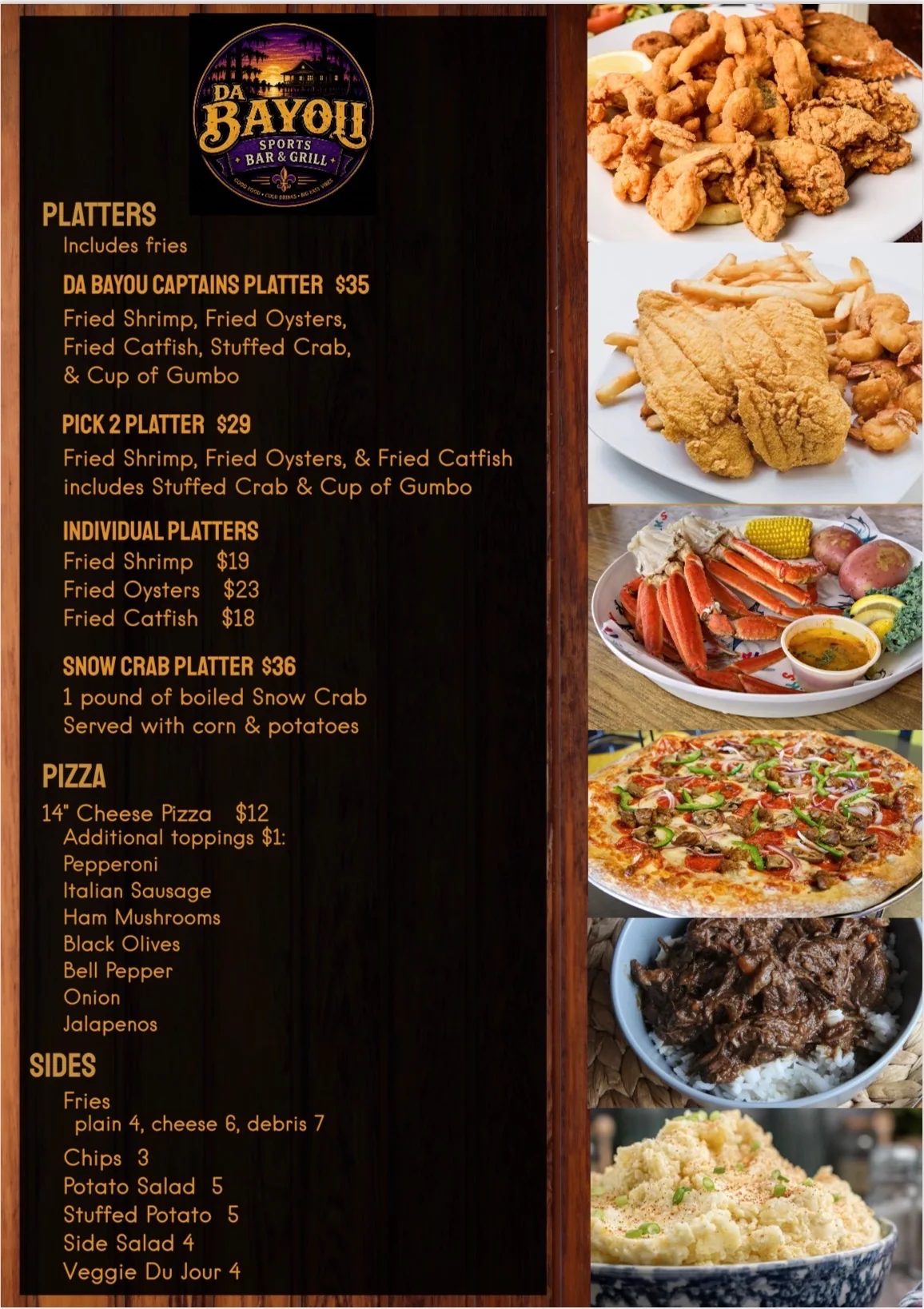 Da Bayou menu board listing seafood platters, pizza, and sides with food photos