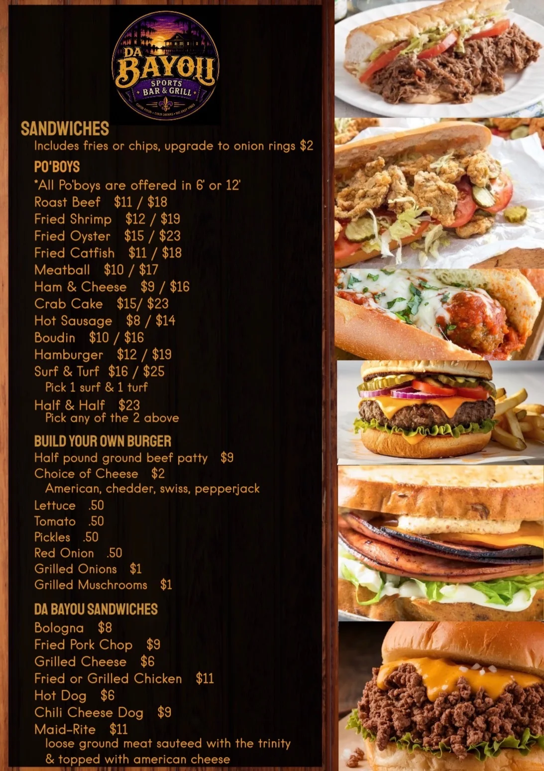Da Bayou menu board listing sandwiches, po’boys, and burgers with food photos